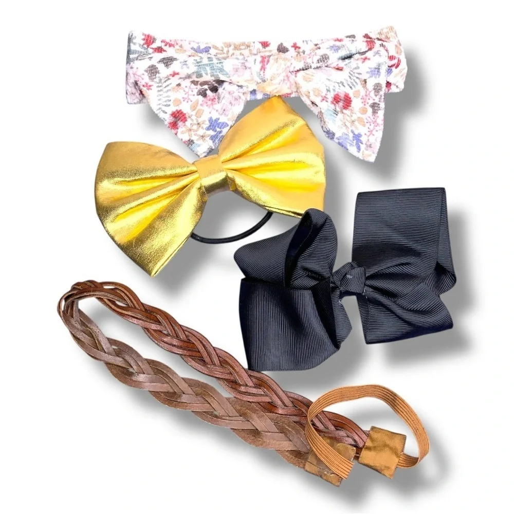 Lot Of 4 Hair Accessories Bows Headbands Gold Colorful Floral Faux Leather